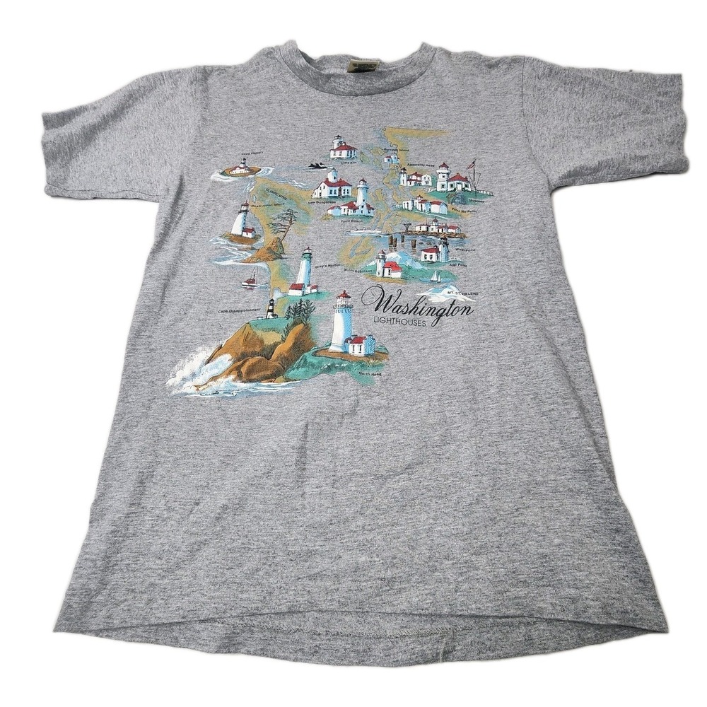 Vintage‎ 80s 90s Washington Lighthouses Large Map Souvenir Travel Shirt USA Made